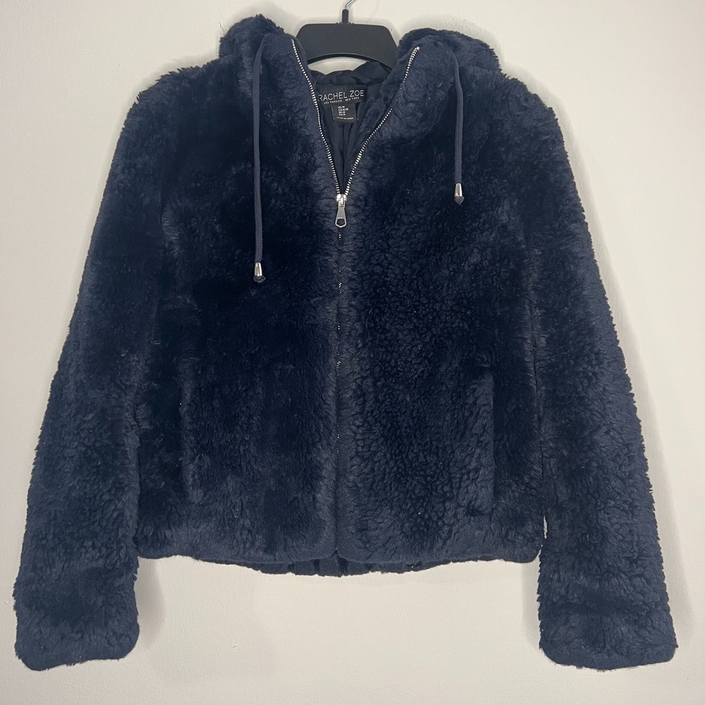 Rachel Zoe Navy Faux Fur Jacket with Hood Size Medium Women's